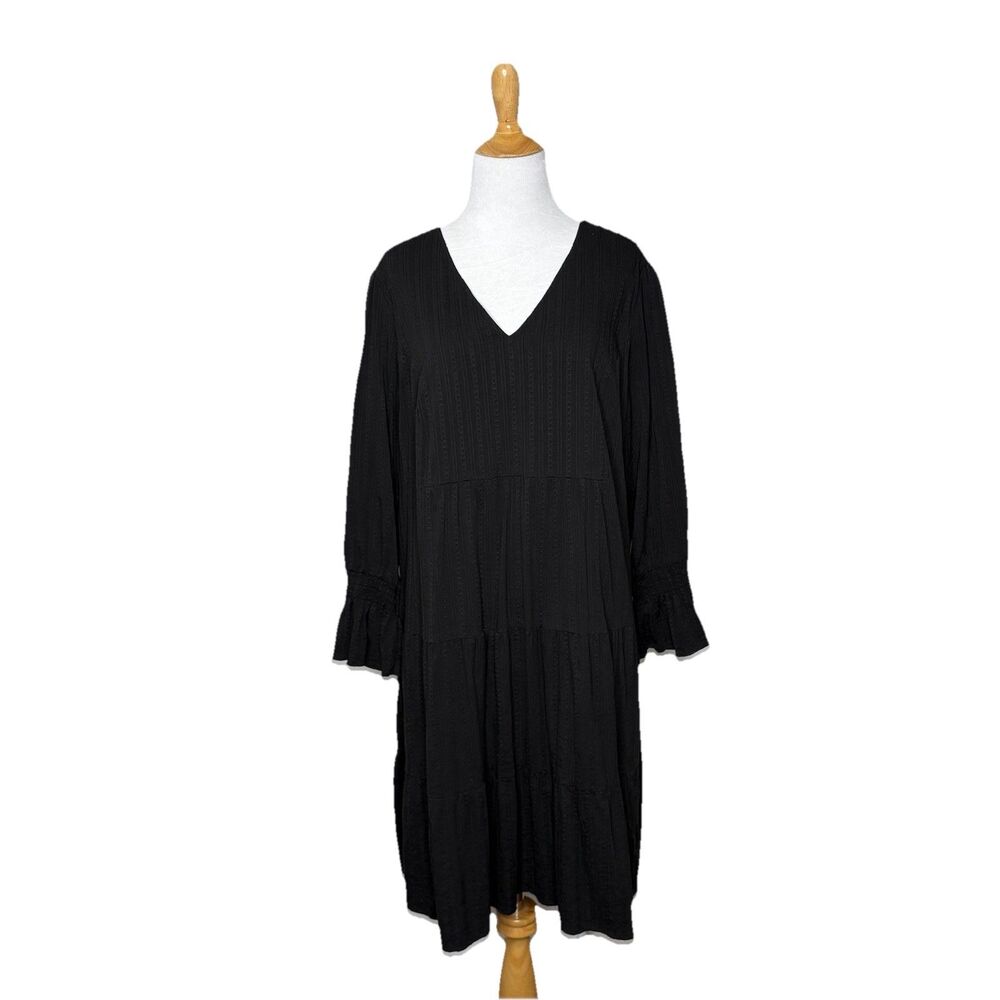 J. Jill Long Sleeve Midi Dress Pockets Black Textured Size Large Women's